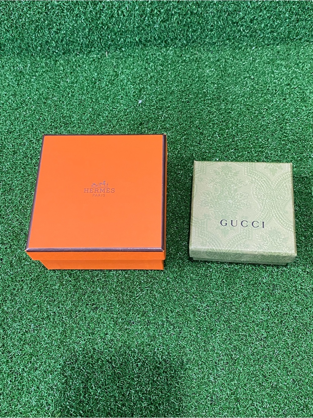 2- Luxury Boxes an orange Hermès box and Green Gucci Small Box
(Sep 026)